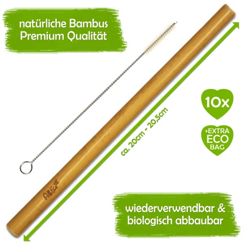 AllEco Bambus-Strohhalme 10er-Set mit Reinigungsbürste und Beutel – Ansicht 6