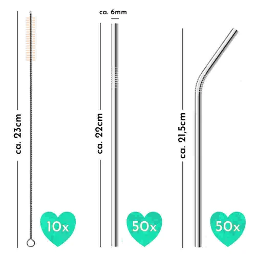 AllEco Edelstahl-Strohhalme Gastro-Pack 100 Stück gemischt + 10 Reinigungsbürsten – Ansicht 4