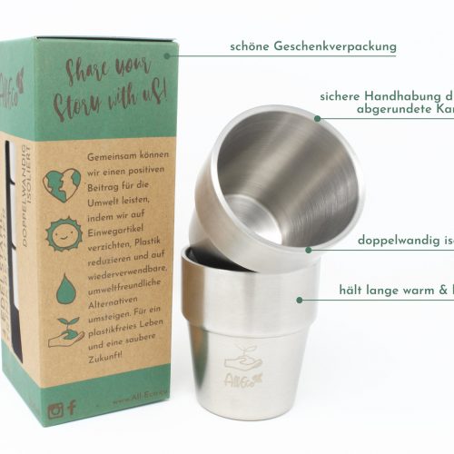 edelstahlbecher doppelwandig edelstahl trinkbecher becher plastikfrei camping wandern nachhaltig wiedervewendbar plastikfrei