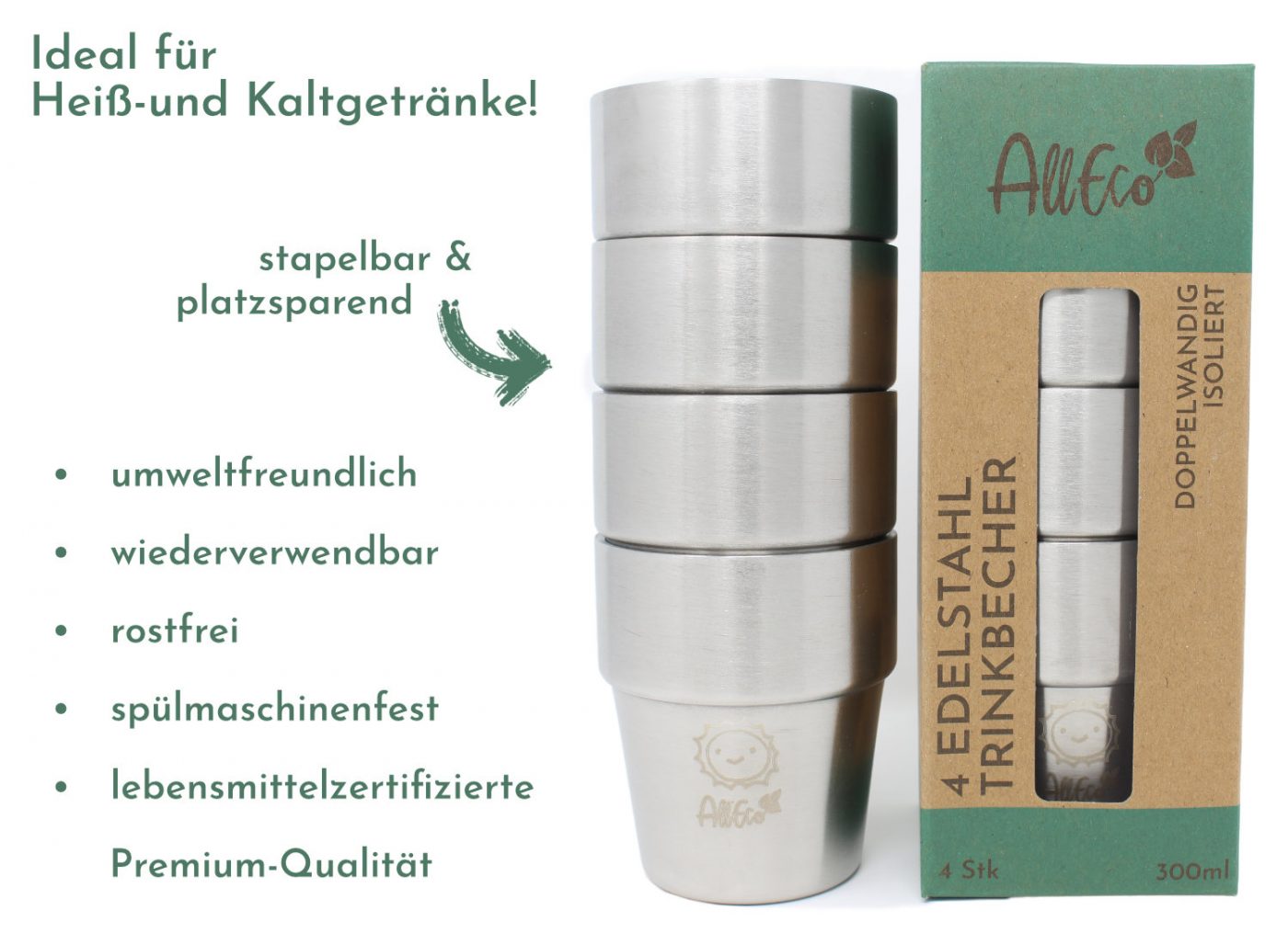 Doppelwandige Edelstahlbecher von AllEco, stapelbar