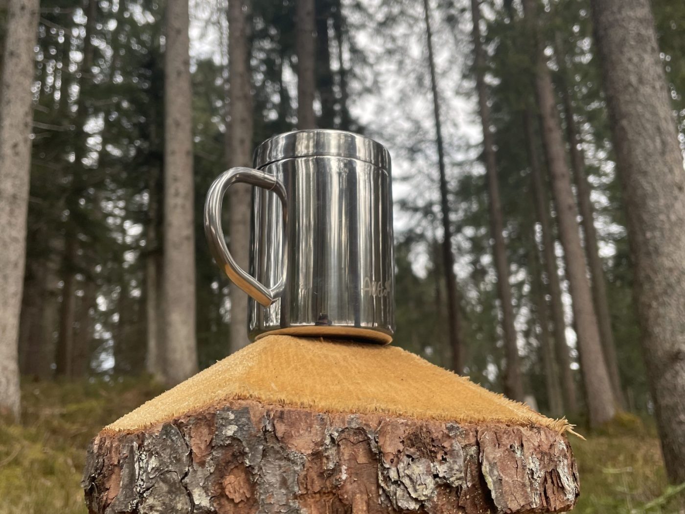 Doppelwandiger Edelstahl-Thermobecher mit Henkel auf einem Baumstumpf im Wald
